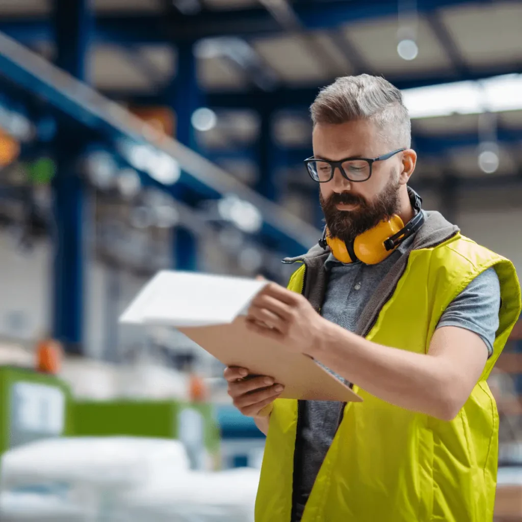 Worker in safety vest reviewing documents in industrial warehouse setting