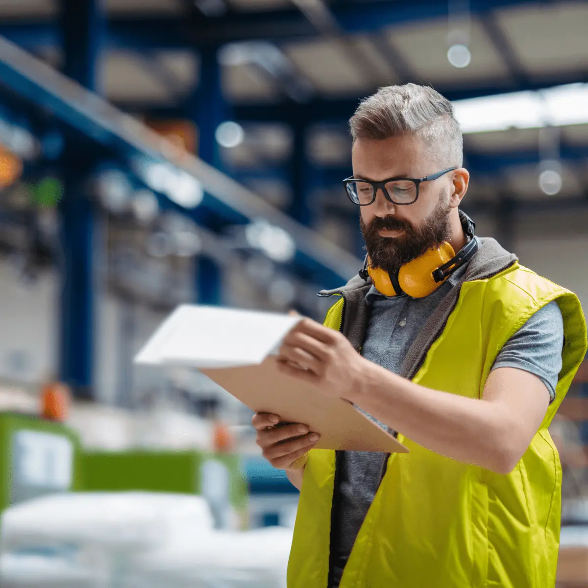 Worker in safety vest reviewing documents in industrial warehouse setting