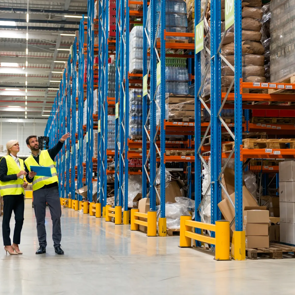 Two warehouse workers in safety vests inspecting tall storage racks with inventory