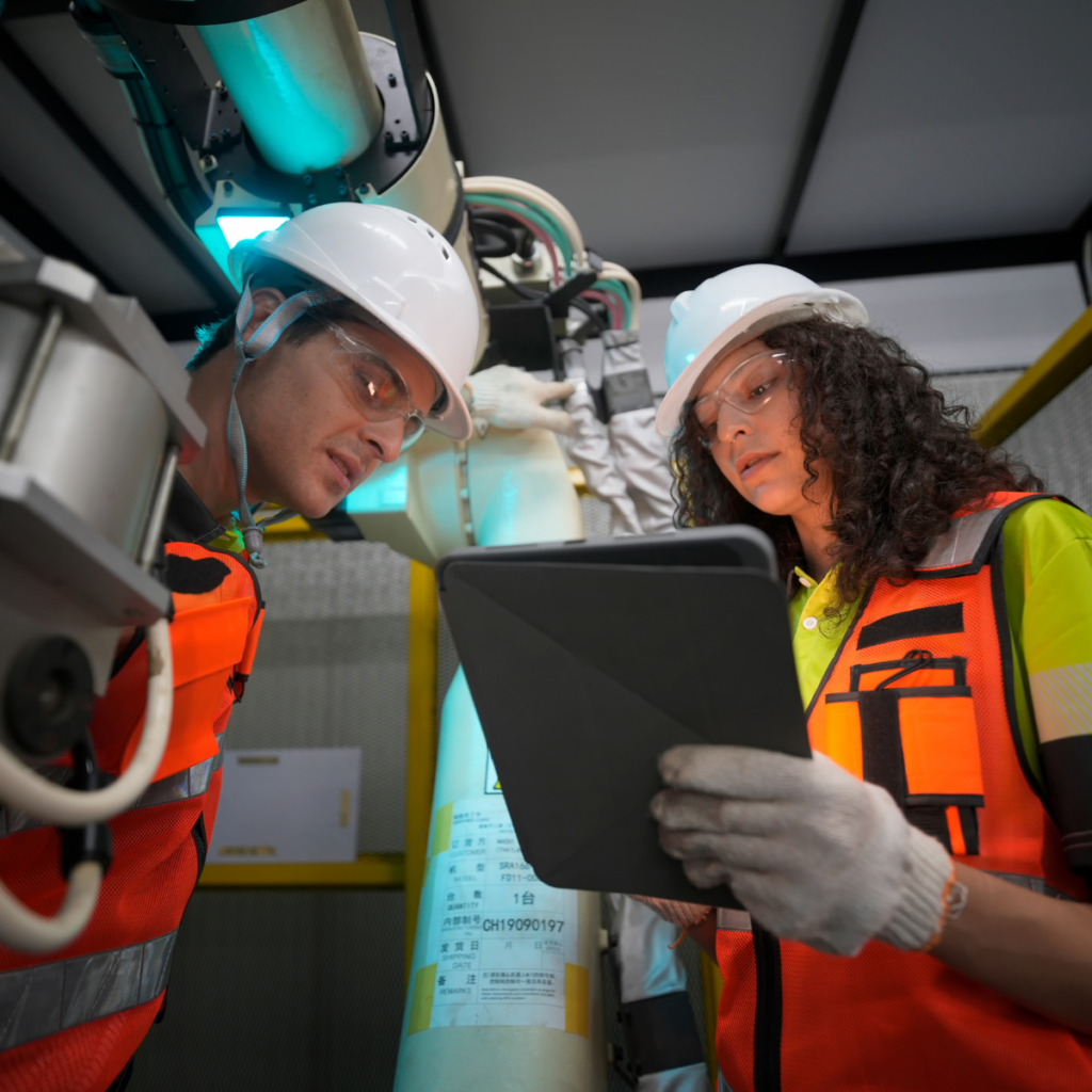 Two engineers in hard hats and safety vests reviewing data on a tablet near machinery