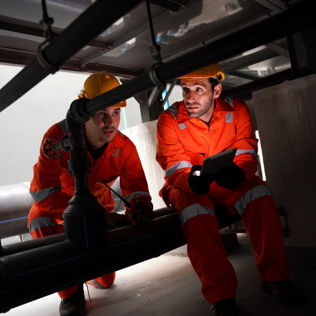 Two workers in safety gear inspecting pipes and reviewing data on a tablet