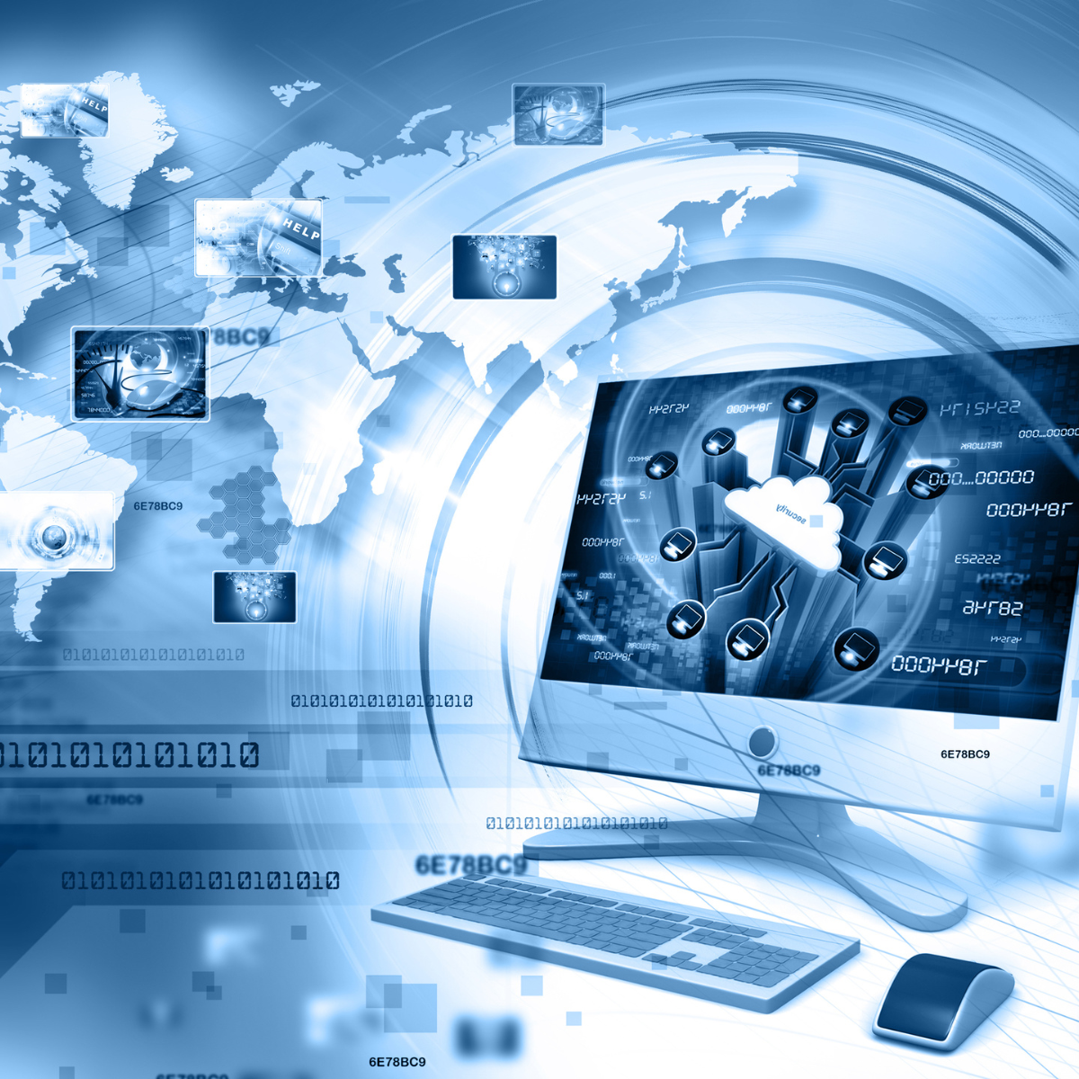 Digital illustration of global cloud computing network with data icons and world map
