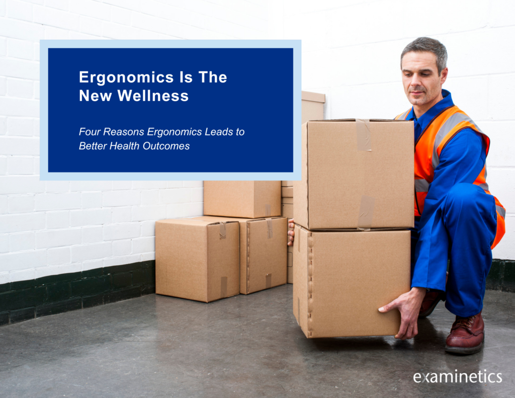 Worker in safety vest lifting boxes with ergonomic posture and wellness text overlay