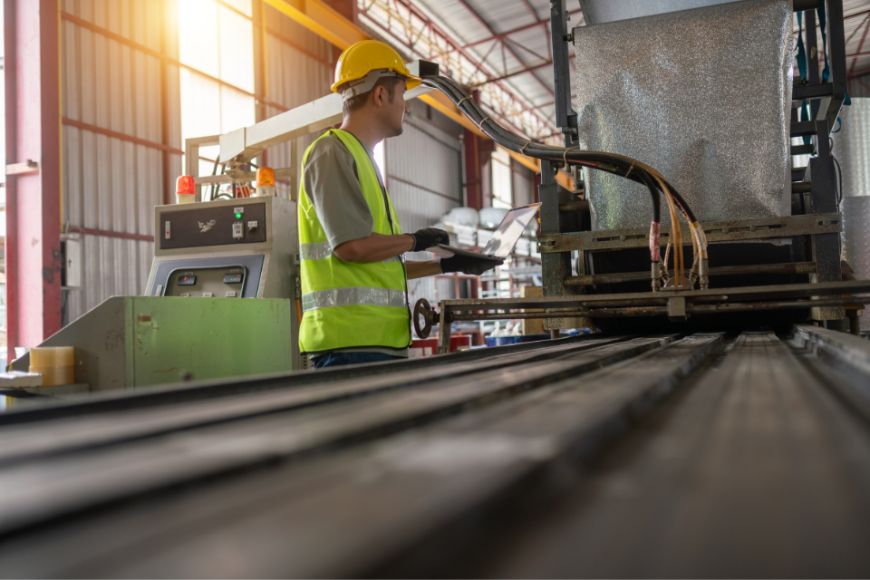 Factory worker in safety vest and hard hat operating machinery with laptop