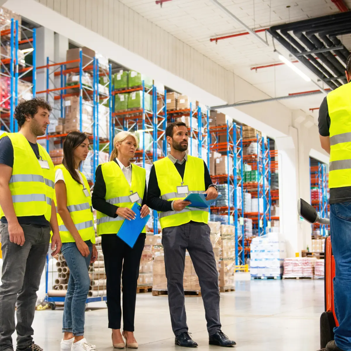 Group of warehouse workers in safety vests reviewing operations near forklift and storage racks