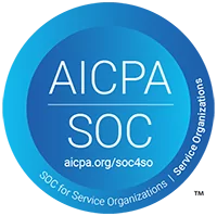 Circular blue AICPA SOC logo representing SOC for Service Organizations compliance and assurance standards.
