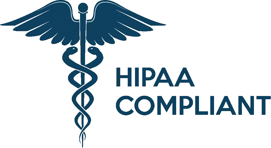 HIPAA compliant logo with blue caduceus medical symbol and text on dark background