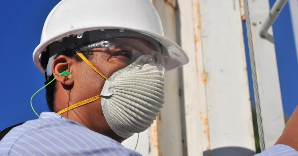 A construction worker wearing a white hard hat, safety glasses, a white pleated respirator mask, and neon green earplugs. He is looking up and to the left. The background is a bright blue sky and a white, weathered metal structure.