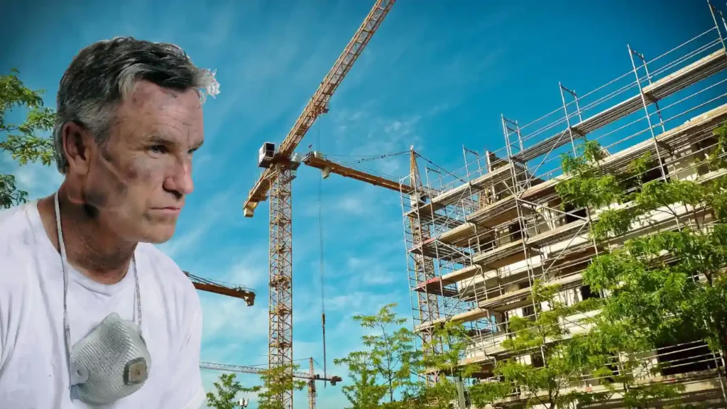 A serious-looking white man with grey hair and dark smudges on his face, possibly dirt or paint, is in the foreground, looking to his left. He wears a plain white t-shirt and has a white N95-style respirator mask pulled down around his neck. The background is a construction site with a large building covered in scaffolding and several tall cranes reaching into a bright blue sky with wispy clouds. The foreground and background appear to be two separate images combined into one.