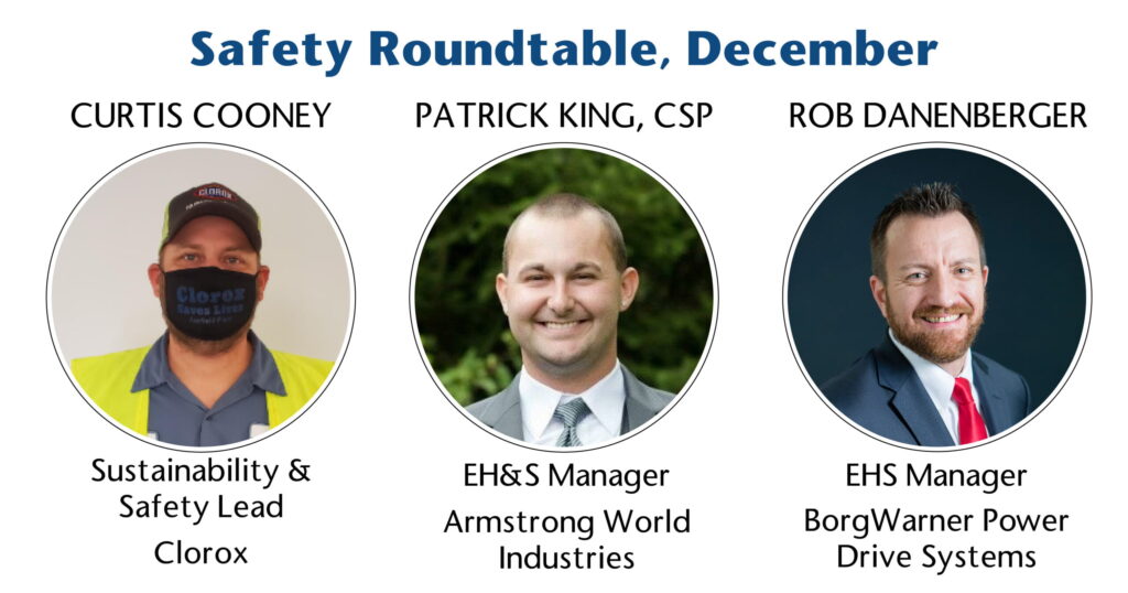 Three featured speakers with headshots and titles: Curtis Cooney, Sustainability & Safety Lead at Clorox; Patrick King, CSP, EH&S Manager at Armstrong World Industries; and Rob Danenberger, EHS Manager at BorgWarner Power Drive Systems.