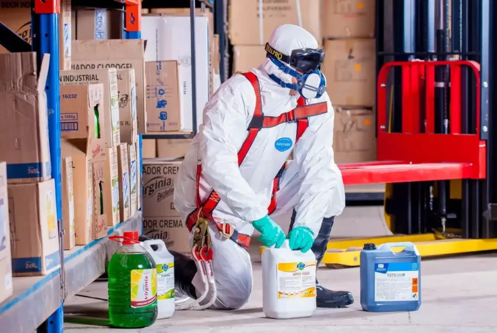 A warehouse worker, dressed in a full white protective hazmat suit, goggles, and a respirator mask, is kneeling on the floor. He is wearing a red safety harness and bright blue gloves. He is handling three different containers of chemicals or cleaning products, two of which are large and white, and one of which is a smaller clear container of green liquid. Racks of boxes and other supplies are visible behind him, along with a red and black forklift.