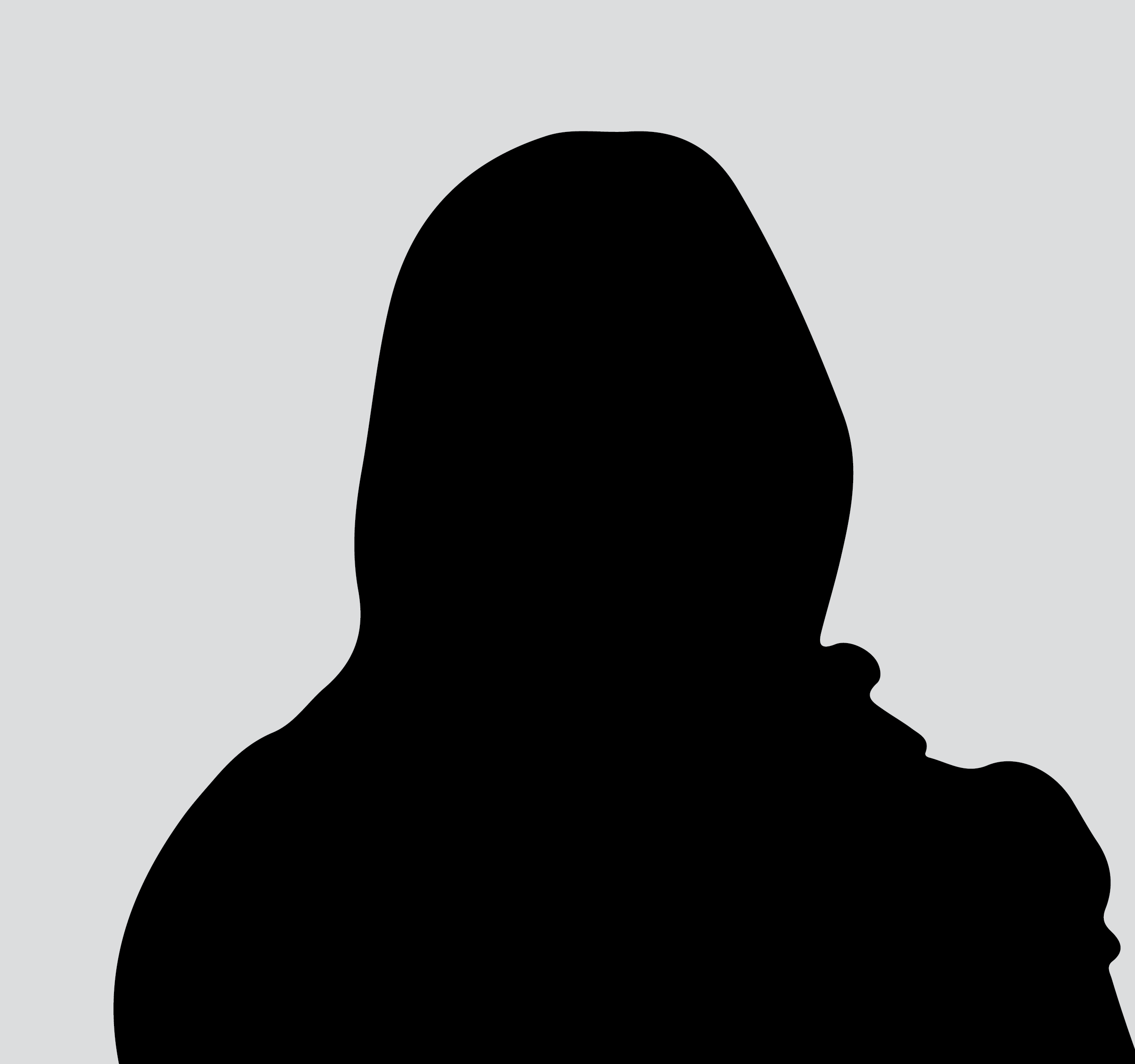 A silhouette of a person from the chest up, facing the right side of the frame. The person is wearing a hood, and their hand is raised near their face. The silhouette is solid black against a plain light grey background.
