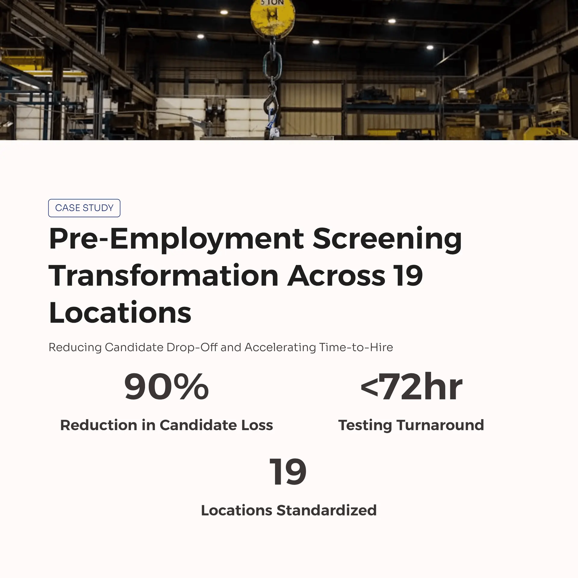 Case study text on pre-employment screening showing 90% loss reduction and under 72hr turnarou