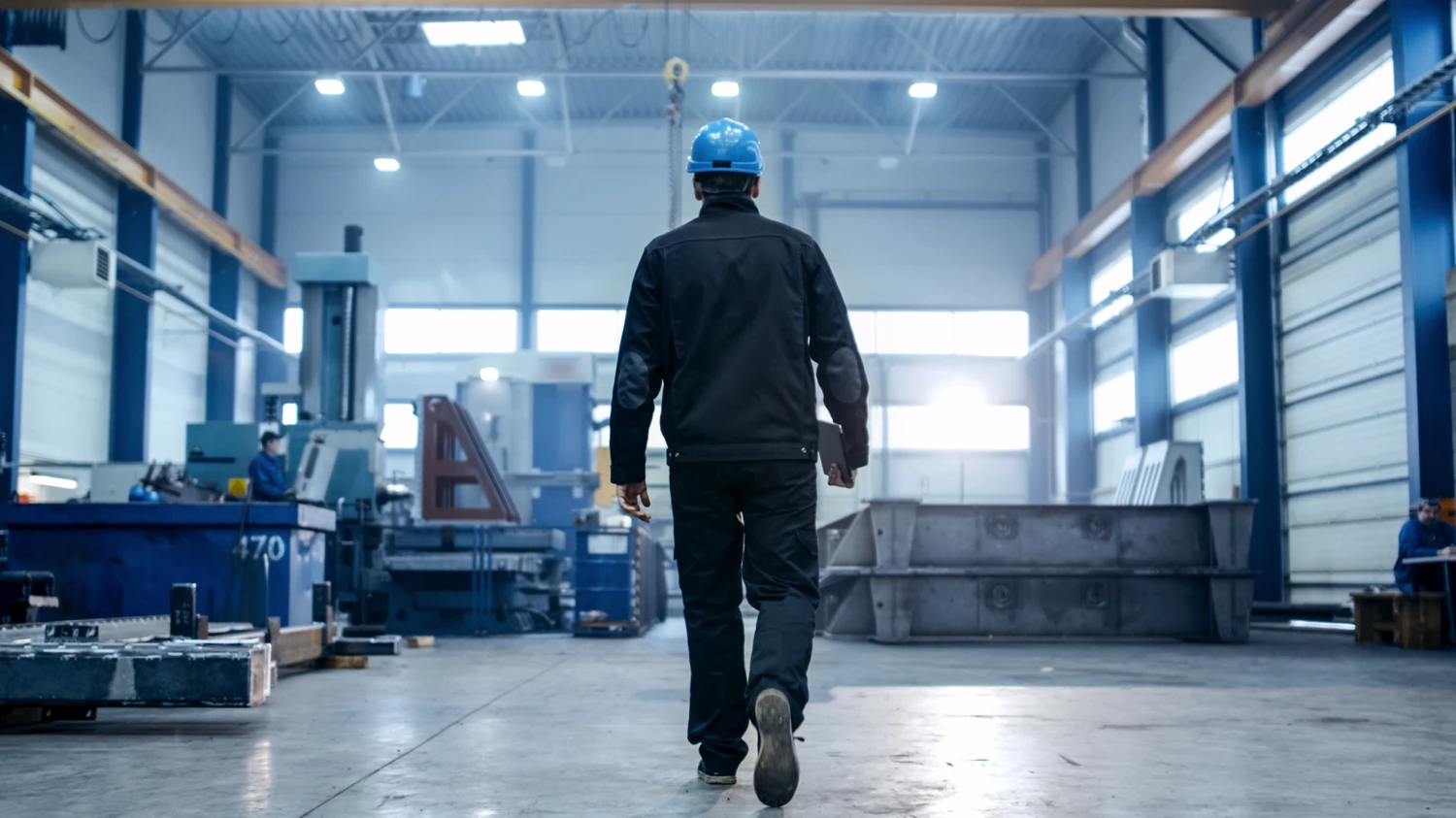 An employee wearing a work uniform and a hard hat walking into a fully-stocked warehouse with skylights and rows of windows.