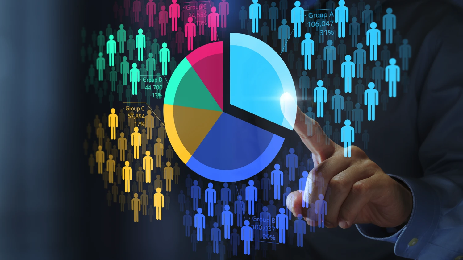 A photo of a person pointing to a graphic of a pie chart surrounded by icons of people in assorted colors.
